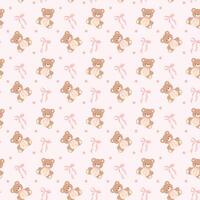 Coquette Teddy Bear with Pink Ribbon Bow Pattern. Seamless Isolated on Light Pink Background vector