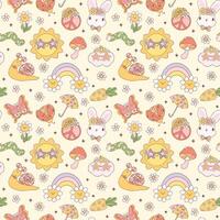 Retro Groovy Spring Doodle Seamless Pattern. Playful and Nostalgic kid Design isolated on background. vector