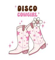 Disco Cowgirl boots illustration, trendy retro groovy vibes disco era. vector