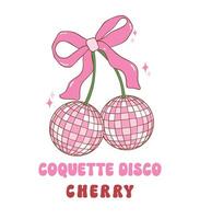 Coquette Disco ball cherry pink with ribbon bow illustration, trendy groovy vibes disco era. vector