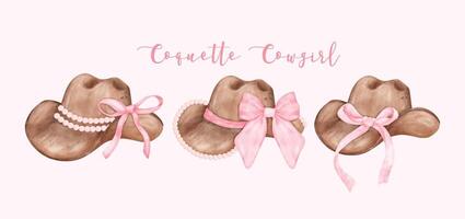 Watercolor Coquette Cowgirl Hat with pink ribbon bow collection. Feminine cowboy hat Whimsical Illustration banner. vector