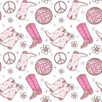 Disco Cowgirl boots Seamless Pattern Groovy Repeating Background Vibes isolated on background. vector