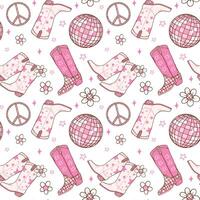 Disco Cowgirl boots Seamless Pattern Groovy Repeating Background Vibes isolated on background. vector