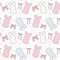 Coquette Easter bunny peep Seamless Pattern in pink theme with ribbon bow cartoon doodle hand drawing. vector