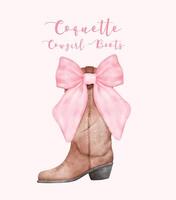 Coquette Cowgirl Boot with Pink ribbon Bow Watercolor. Aesthetic Hand Painted Illustration vector