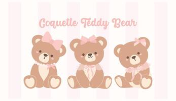 Group of 3 Cute Coquette Teddy Bear Friends. Whimsical Cartoon for Kids and Design. vector