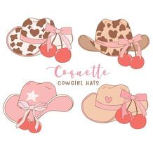 set of Coquette Cowgirl Hats with pink Ribbon Bow and cherries Hand Drawn Doodle illustration. vector