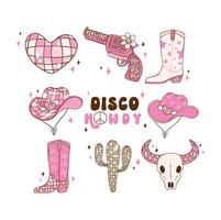 Disco Cowgirl element set doodle hand drawing illustration, trendy retro groovy vibes disco era. vector