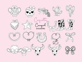 Coquette Cowgirl ribbon bow coloring image Cartoon Doodle trendy collection.  Playful and Whimsical Illustration. vector