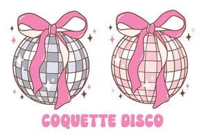 Coquette Disco ball with pink ribbon bow illustration, trendy groovy vibes disco era. vector