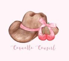 Watercolor Coquette Cowgirl Hat with pink bow. Feminine  Whimsical Illustration vector