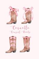 Coquette Cowgirl Boots with Pink ribbon Bow Watercolor set. Retro Aesthetic Hand Painted Illustration. vector