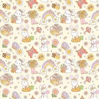 Retro Groovy Spring bunny Doodle Seamless Pattern. Playful and Nostalgic kid Design isolated on background. vector