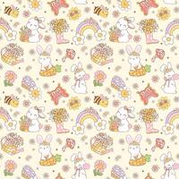 Retro Groovy Spring bunny Doodle Seamless Pattern. Playful and Nostalgic kid Design isolated on background. vector