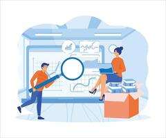 Data analysis concept. People characters working with data visualization, analyzing tables, charts and graphs at business dashboard.  flat vector modern illustration