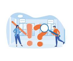 Frequently asked questions or problem solving, solution or support idea concept, businessman and woman with exclamation mark, question mark with speech bubble conversation. vector