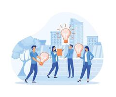 Brainstorm concept. Business team finding solution, thinking, sharing offers, light bulbs. Creativity, creation process.  flat vector modern illustration