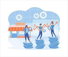 Franchise marketing system. People Start Franchise Small Enterprise, Company with Corporate Headquarter. Shop and Stacks of Money, Graph. flat vector modern illustration