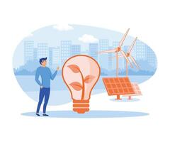 Ecology concept. Man with modern eco private house with solar energy panels.  flat vector modern illustration