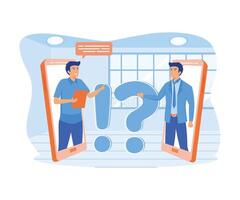 Confused man asking to online support center via smartphone. Frequently asked questions. Exclamation and question marks. flat vector modern illustration