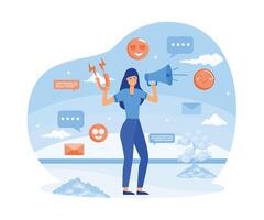 Social media influencer. woman holding megaphone and magnet. Different social media icons. flat vector modern illustration