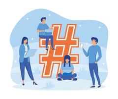 hashtag concepto. personas utilizando ordenador portátil para enviando publicaciones y compartiendo ellos en social medios de comunicación. plano vector moderno ilustración