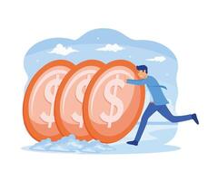 Financial Instability Concept. Male Character Pushing A Row Of Oversized Falling Coins. flat vector modern illustration