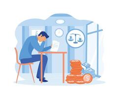 Bankruptcy business concept. Depressed young man sitting on a chair reading a document and thinking about finding money for paying bills. flat vector modern illustration