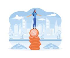 Financial Instability Concept. Woman Balancing On Coin, Financial Planning, Investing, Impact Of Recession On Business Or Economic related Content.  flat vector modern illustration