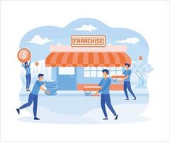 Franchise business composition with images of stores held by characters of business people with location signs. flat vector modern illustration