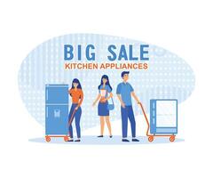 Big Sale of kitchen appliances, happy buyers at the sale of equipment. flat vector modern illustration