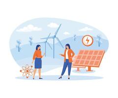 Ecology concept. Green energy to clean environment. Two woman standing near wind turbines, solar panels.  flat vector modern illustration