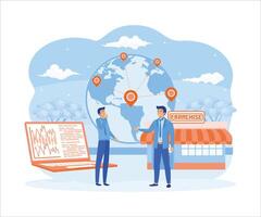 Businessman offering Franchise, trading network shop to the world map business concept. flat vector modern illustration