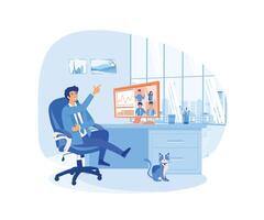 Worker using computer for collective virtual meeting and group video conference. Man at desktop chatting with friends online. flat vector modern illustration