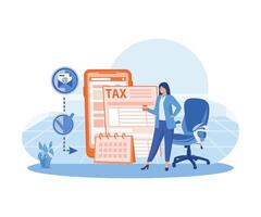 A woman uses a tax calendar to fill out taxes. Taxation planning concept. flat vector modern illustration