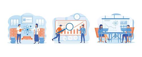 Data Science Concept. People analysis processing and provision of data Research. Visualizer and Analyst working on a project. Set flat vector modern illustration