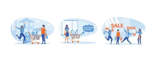 Big discount concept. Woman pushing shopping cart trolley with big percentage sign.  Happy men and women get discount prices. Set flat vector modern illustration