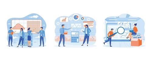 Data visualization. Data analysis. People characters working with data visualization, analyzing tables, charts and graphs at business dashboard. set flat vector modern illustration