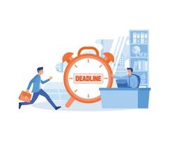 Office  Deadline concept. Businessman running in hurry to chase deadline time while carrying paperwork. flat vector modern illustration