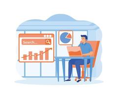 Seo analysis concept. Man analyzes data, adjusts search results, raises rating, increases traffic, works at laptop. flat vector modern illustration