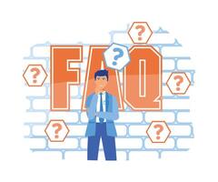 Thinking man with question mark. Confused, doubts, curious. Frequently Asked Questions. flat vector modern illustration