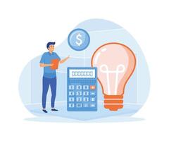 Energy consumption concept.  Man using energy efficient devices, paying less and saving money. flat vector modern illustration