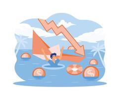 Bankruptcy business.  Economic financial crisis, sinking business, loan payback money problem, people and economy recession falling arrow. flat vector modern illustration