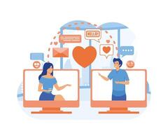 Virtual relationships online dating cartoon composition with computer screens and couple having date with messaging.  flat vector modern illustration