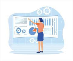 Big data visualization concept. Woman analyzing data visualization on diagram. flat vector modern illustration