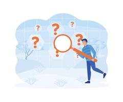 Man holding magnifying glass and looking through it at interrogation points. Concept of frequently asked questions, query, investigation, search for information. flat vector modern illustration