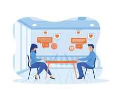 Man and woman sitting at laptops, using dating website and chatting. Romantic couple having conversation on internet.  flat vector modern illustration