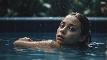 ai generado retrato de un bonito niña en el piscina, mojado retrato, mojado gir en el piscina, mujer es nadando en el piscina foto