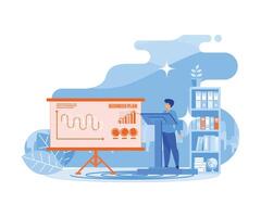 People work together making a plan on a board, mark tasks, track execution of tasks. Business planning, management, organization, success strategy. flat vector modern illustration