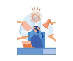 Multitasking Work concept. Business Woman Surrounded by Hands with Office Things. Multitasking and Time Management Concept. flat vector modern illustration